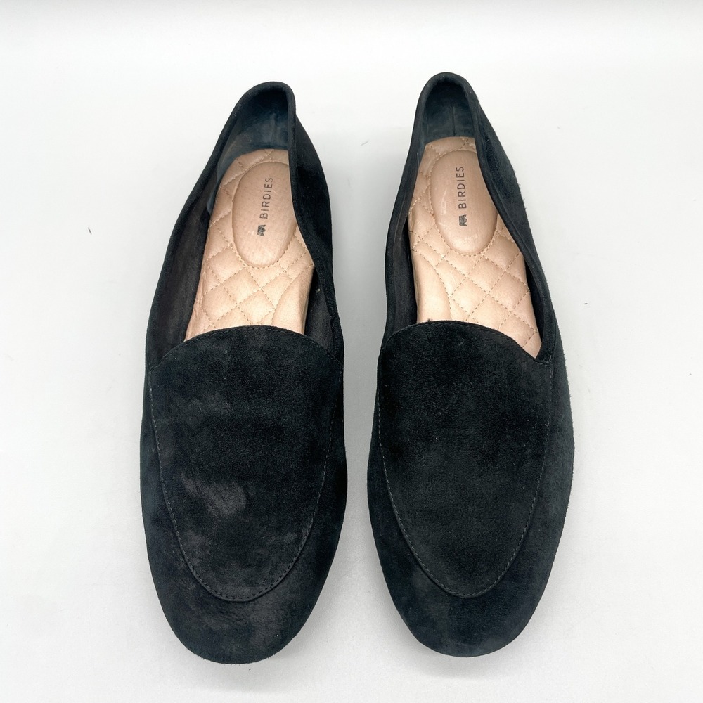 Birdies Womens 8 Starling Slip On Loafers Black Suede Flats Shoes Preppy Office